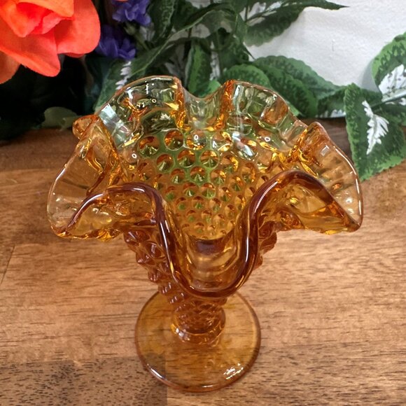 Amber Hobnail Ruffled Glass Vase Vintage Mid-Century Decor Likely‎ Fenton - Picture 3 of 5